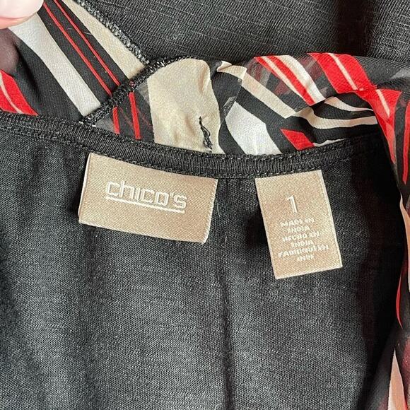 Chicos Long Open Vest Size 1 Womens Small Sheer Black Red Tan Stretch Back MED - Picture 10 of 14